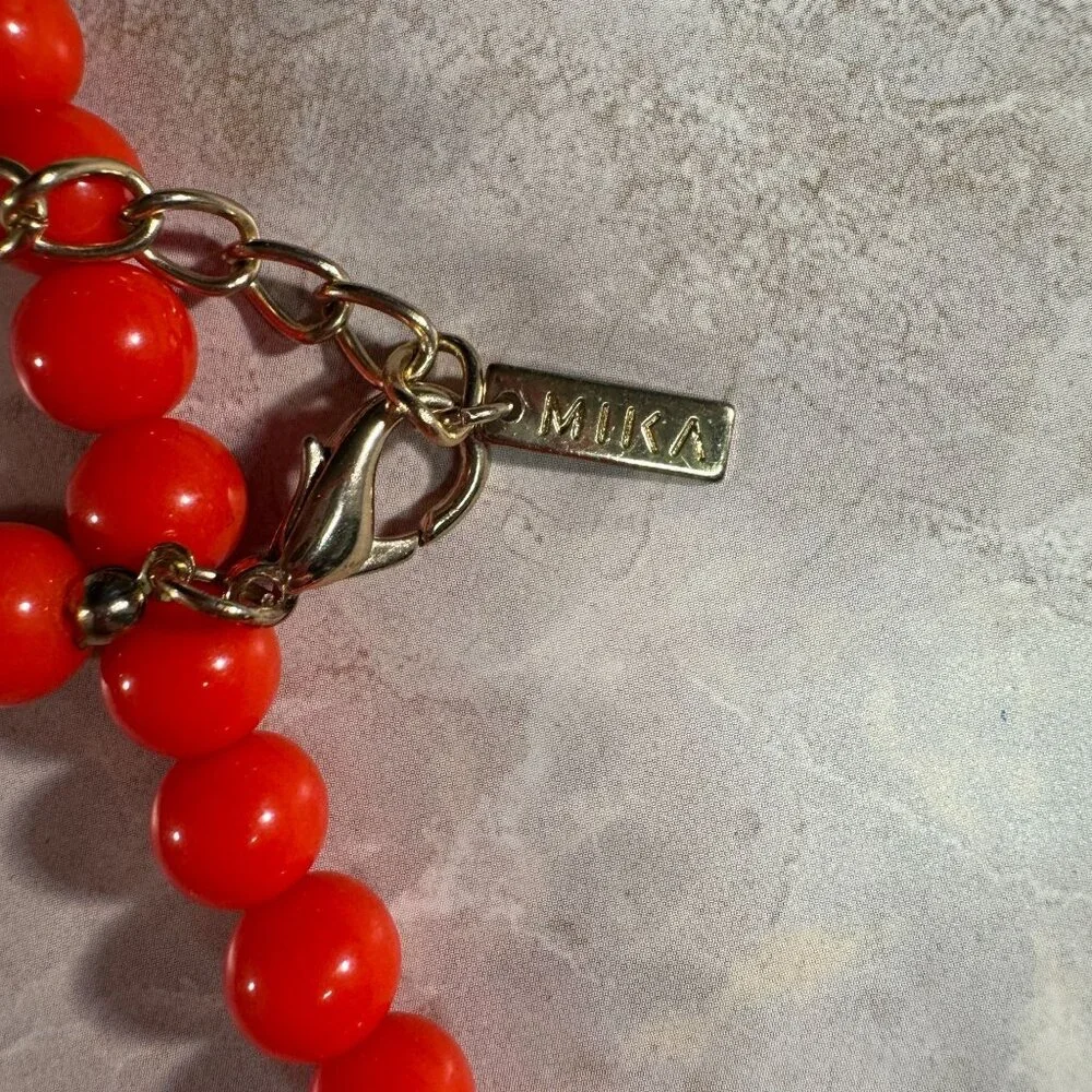 Bold Red Orange Beaded Statement Necklace With Intricate Design By Mika - Picture 3 of 5